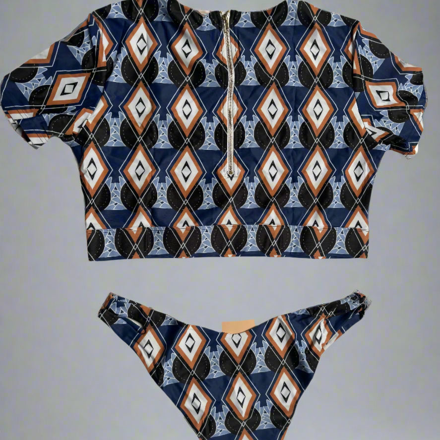 two piece blue aztec swim